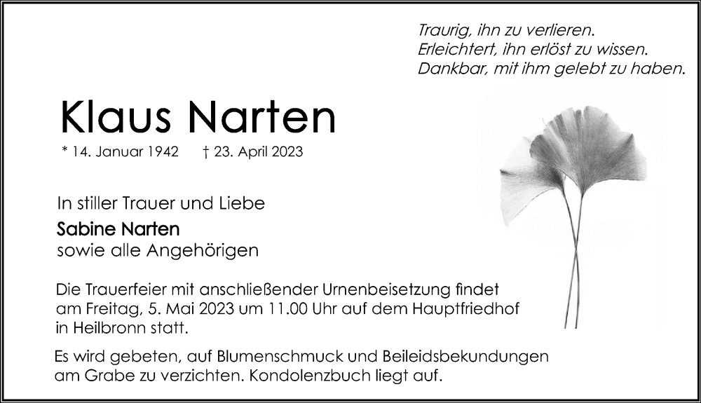  Traueranzeige für Klaus Narten vom 29.04.2023 aus GESAMT