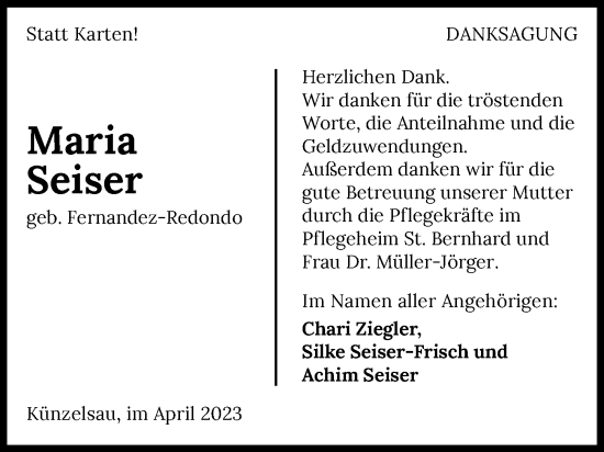 Traueranzeige von Maria Seiser von GESAMT