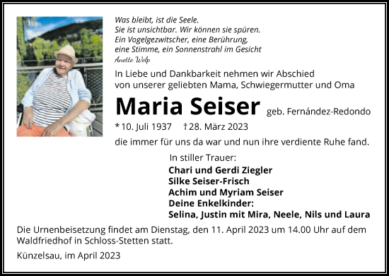 Traueranzeige von Maria Seiser von GESAMT