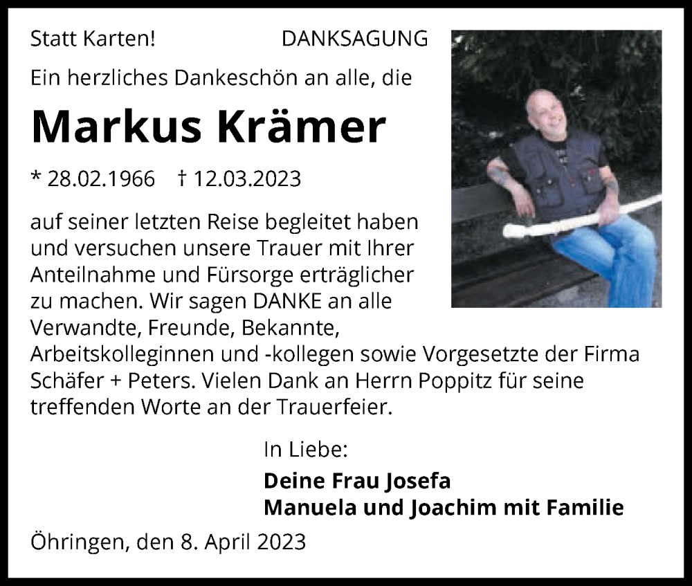  Traueranzeige für Markus Krämer vom 08.04.2023 aus GESAMT