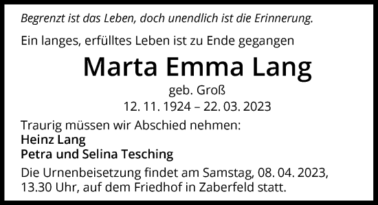 Traueranzeige von Marta Lang von GESAMT