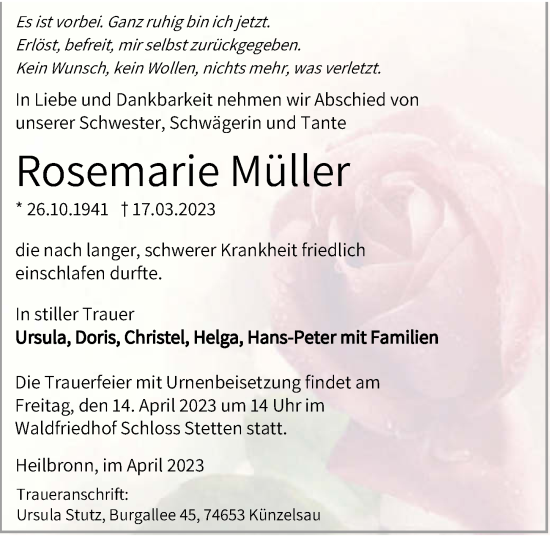 Traueranzeige von Rosemarie Müller von GESAMT