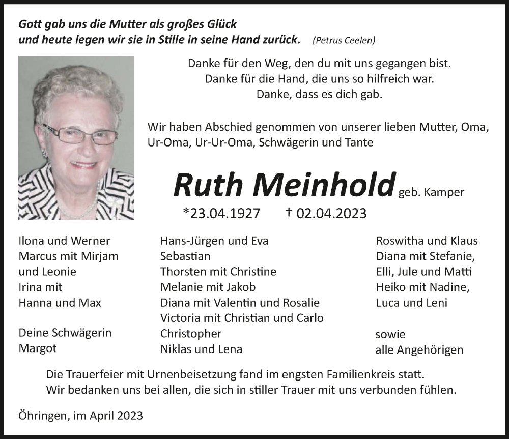  Traueranzeige für Ruth Meinhold vom 22.04.2023 aus GESAMT