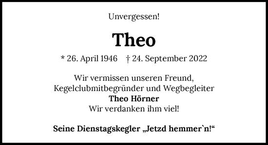 Traueranzeige von Theo Hörner von GESAMT