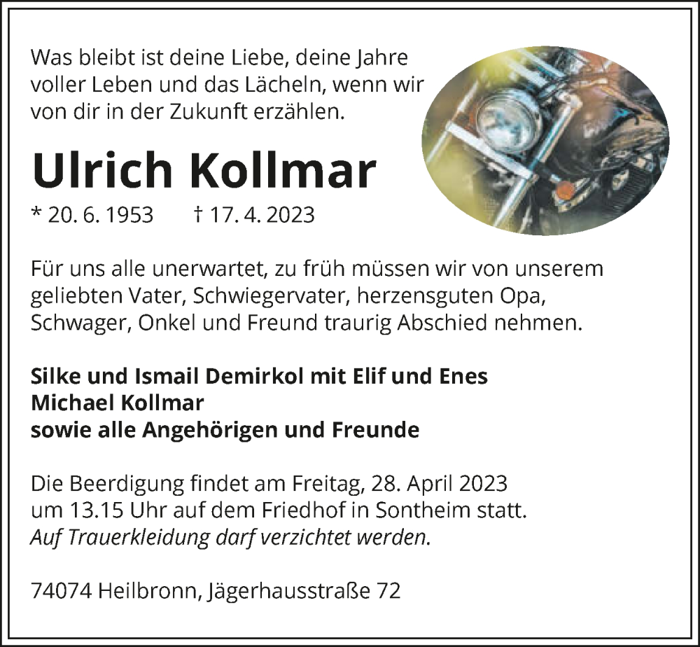  Traueranzeige für Ulrich Kollmar vom 22.04.2023 aus GESAMT
