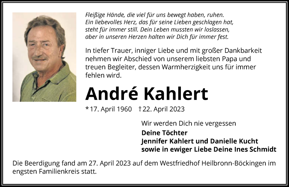 Traueranzeige für André Kahlert vom 06.05.2023 aus GESAMT