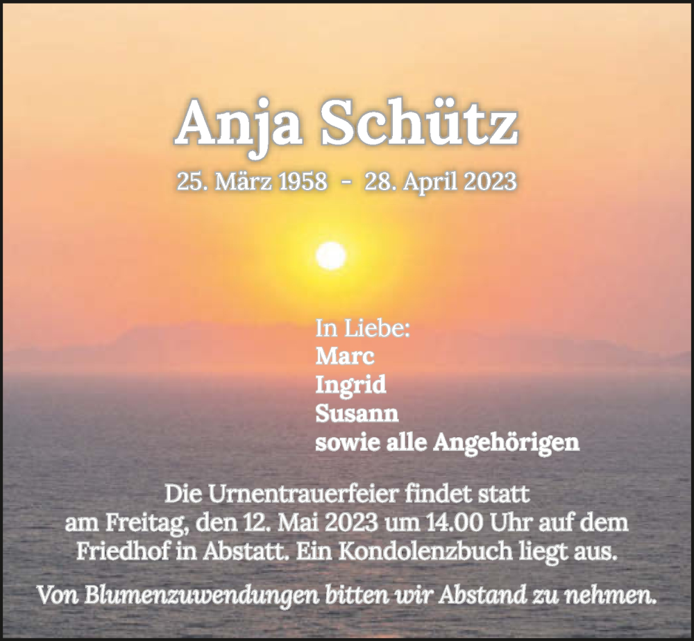 Traueranzeige für Anja Schütz vom 06.05.2023 aus GESAMT