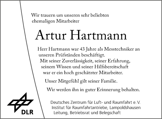 Traueranzeige von Artur Hartmann von GESAMT