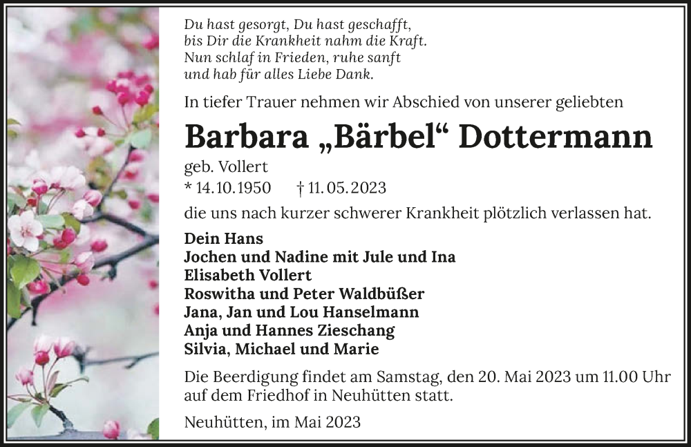 Traueranzeige für Barbara Dottermann vom 17.05.2023 aus GESAMT