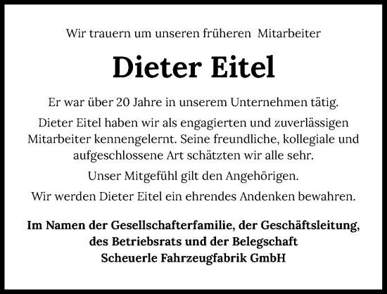 Traueranzeige von Dieter Eitel von GESAMT