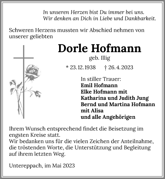 Traueranzeige von Dorle Hofmann von GESAMT