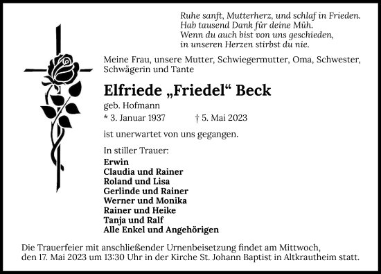 Traueranzeige von Elfriede Beck von GESAMT