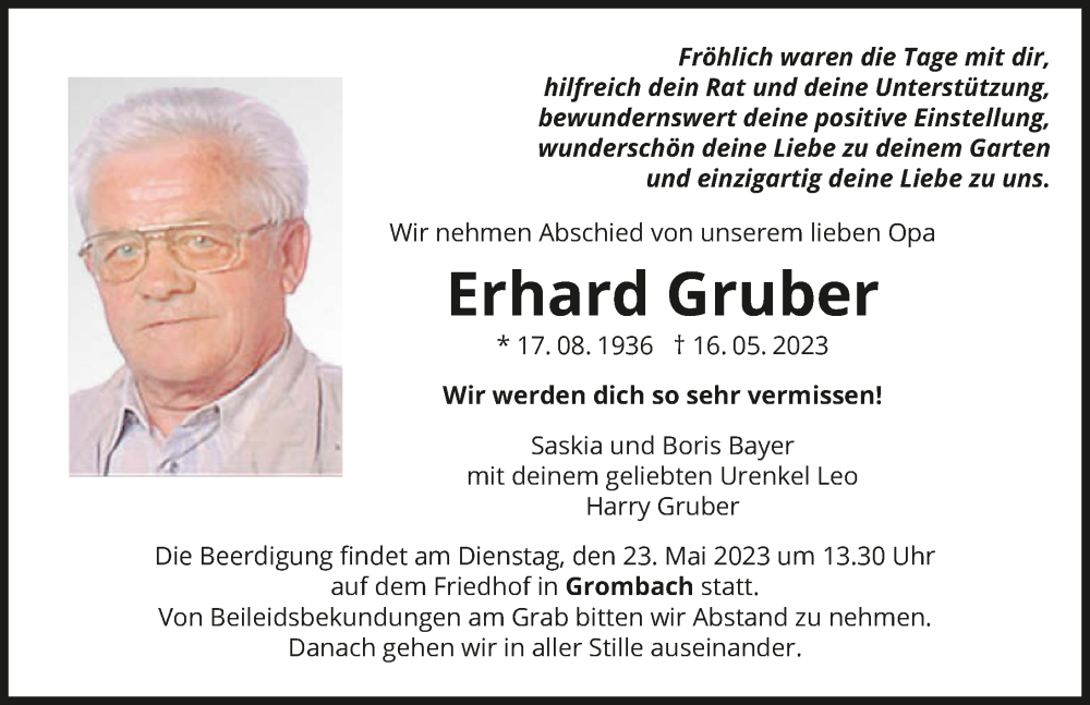  Traueranzeige für Erhard Gruber vom 20.05.2023 aus GESAMT