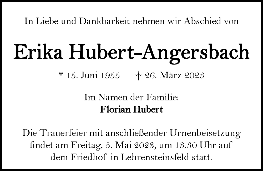  Traueranzeige für Erika Hubert-Angersbach vom 04.05.2023 aus GESAMT