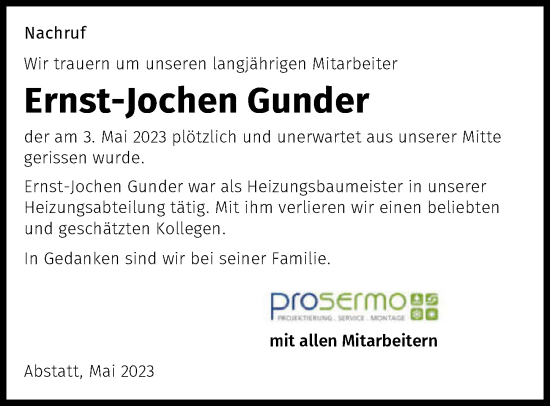 Traueranzeige von Ernst-Jochen Gunder von GESAMT