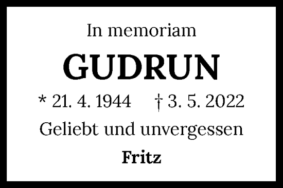 Traueranzeige von Gudrun Wieland von GESAMT