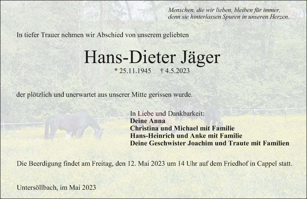  Traueranzeige für Hans-Dieter Jäger vom 09.05.2023 aus GESAMT
