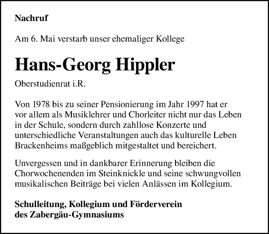 Traueranzeige von Hans-Georg Hippler von GESAMT