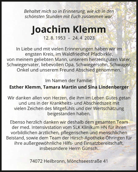 Traueranzeige von Joachim Klemm von GESAMT