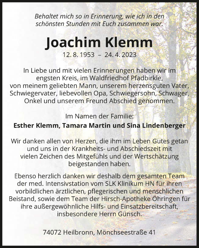  Traueranzeige für Joachim Klemm vom 11.05.2023 aus GESAMT