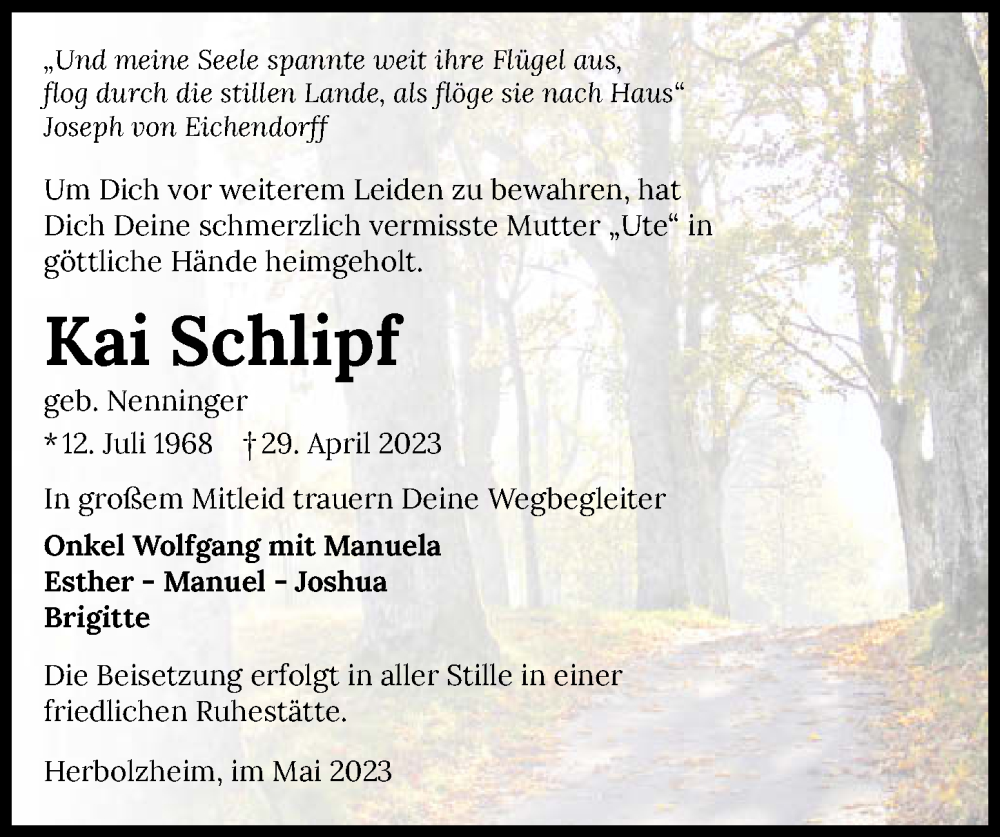  Traueranzeige für Kai Schlipf vom 06.05.2023 aus GESAMT