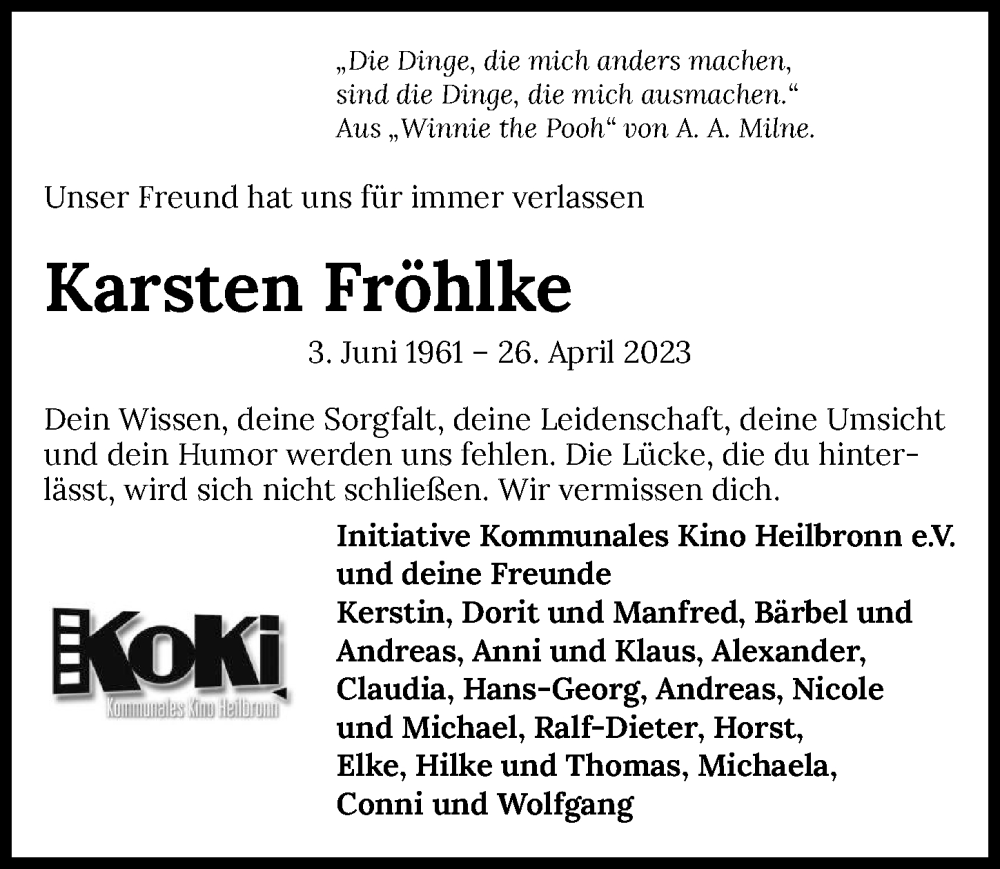  Traueranzeige für Karsten Fröhlke vom 03.05.2023 aus GESAMT