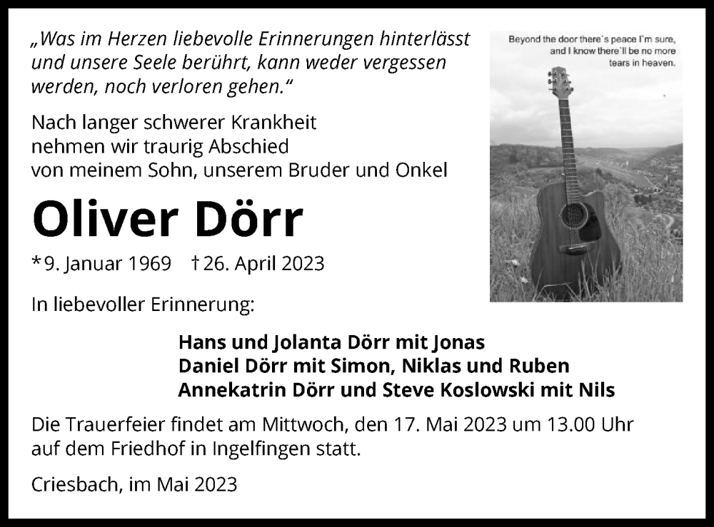  Traueranzeige für Oliver Dörr vom 13.05.2023 aus GESAMT