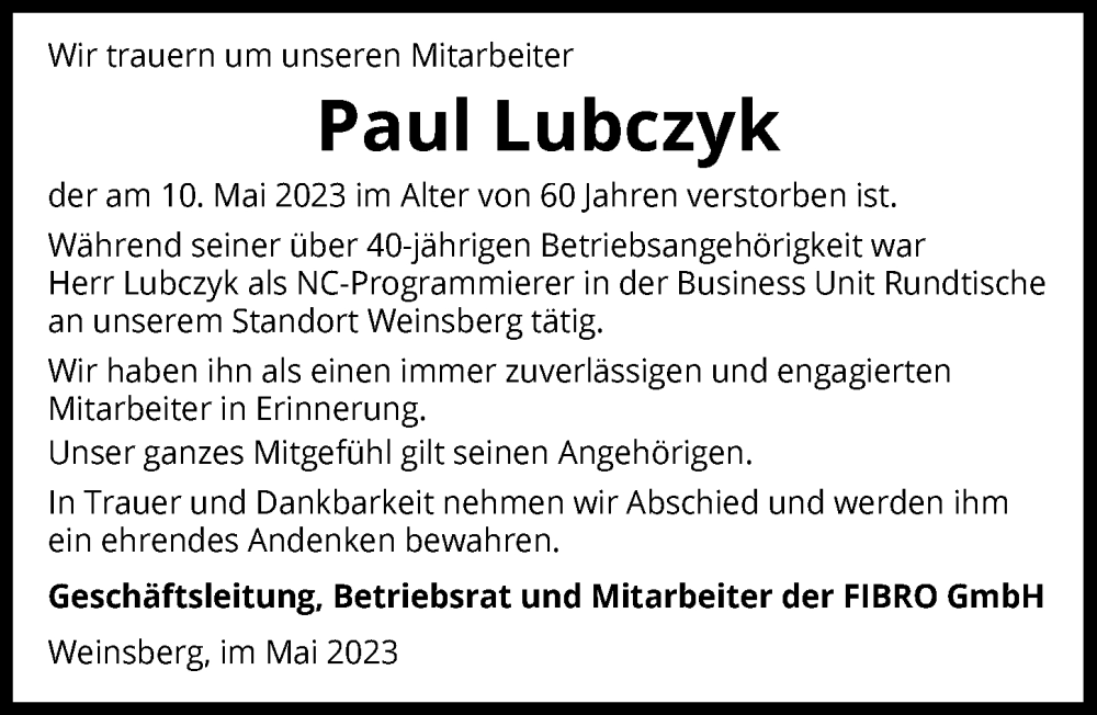  Traueranzeige für Paul Lubczyk vom 20.05.2023 aus GESAMT