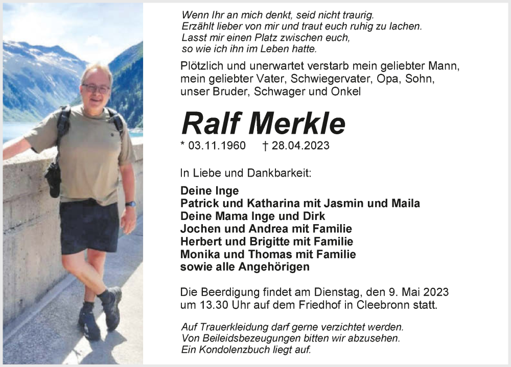  Traueranzeige für Ralf Merkle vom 04.05.2023 aus GESAMT