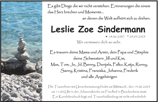 Traueranzeige von Leslie Zoe Sindermann von GESAMT