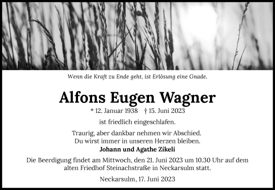 Traueranzeige von Alfons Eugen Wagner von GESAMT