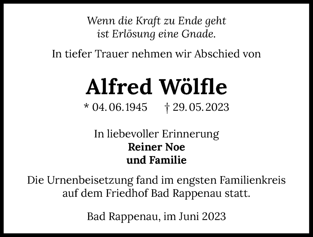  Traueranzeige für Alfred Wölfle vom 10.06.2023 aus GESAMT