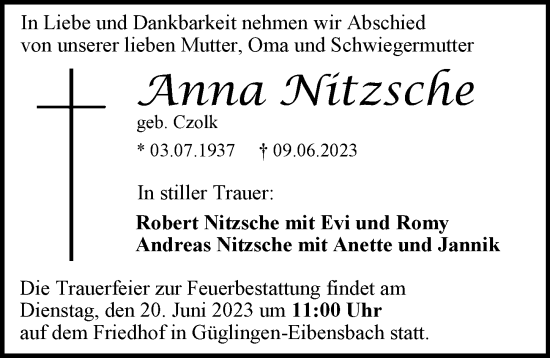 Traueranzeige von Anna Nitzsche von GESAMT