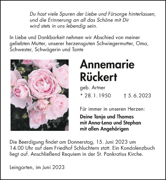 Traueranzeige von Annemarie Rückert von GESAMT