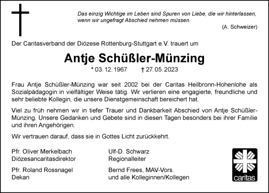 Traueranzeige von Antje Schüßler-Münzing von GESAMT