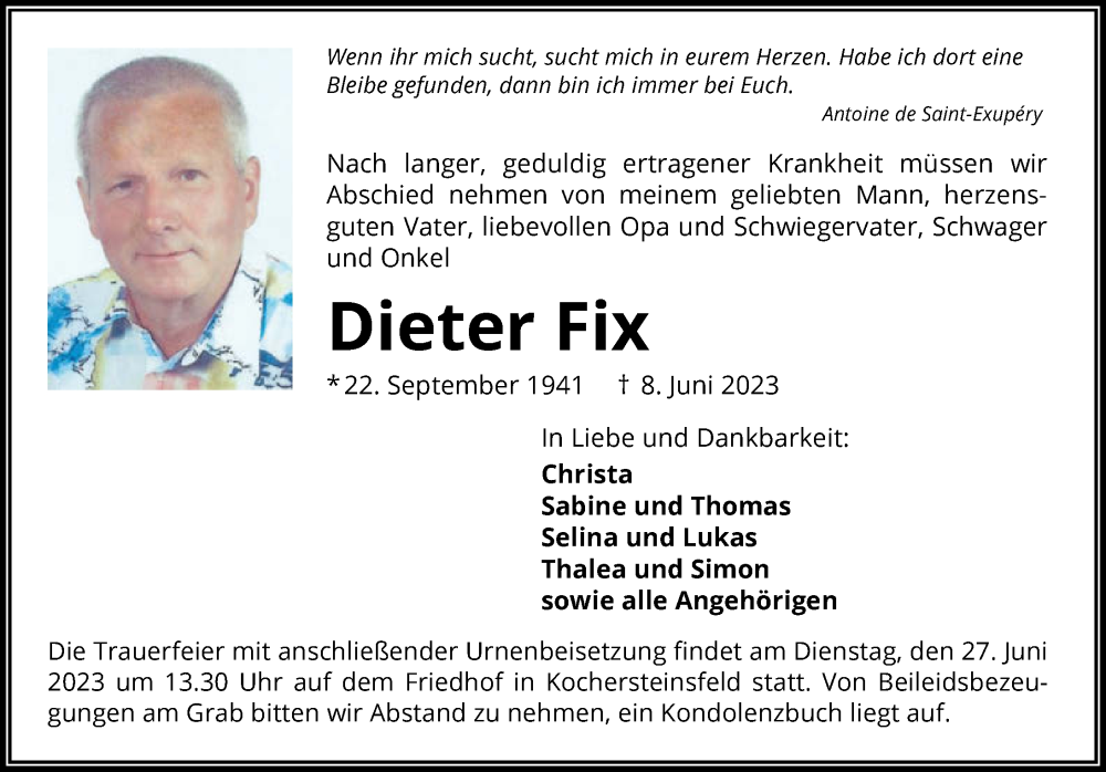  Traueranzeige für Dieter Fix vom 24.06.2023 aus GESAMT