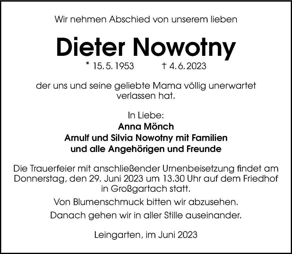  Traueranzeige für Dieter Nowotny vom 24.06.2023 aus GESAMT