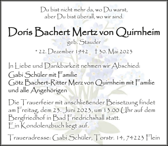 Traueranzeige von Doris Bachert Mertz von Quirnheim