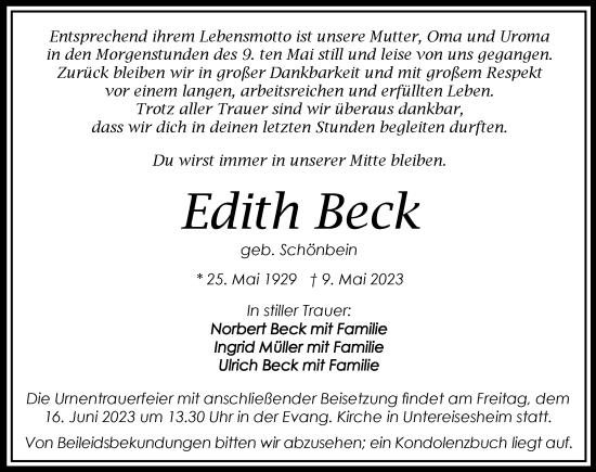 Traueranzeige von Edith Beck