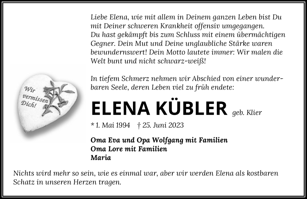  Traueranzeige für Elena Kübler vom 01.07.2023 aus GESAMT