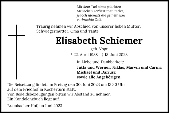 Traueranzeige von Elisabeth Schiemer von GESAMT