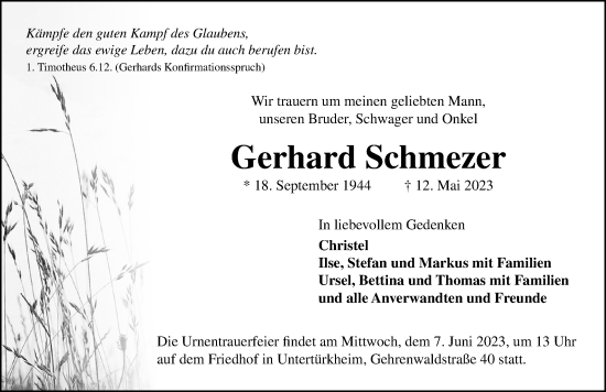 Traueranzeige von Gerhard Schmezer von GESAMT