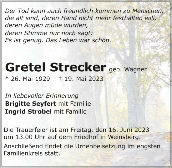 Traueranzeige von Gretel Strecker von GESAMT