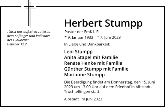 Traueranzeige von Herbert Stumpp von GESAMT