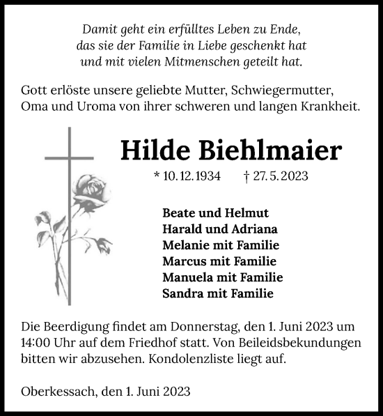 Traueranzeige von Hilde Biehlmaier von GESAMT