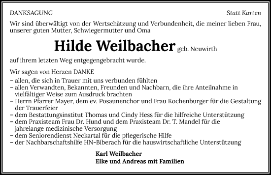 Traueranzeige von Hilde Weilbacher von GESAMT