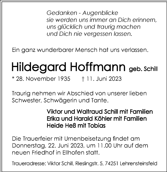 Traueranzeige von Hildegard Hoffmann von GESAMT