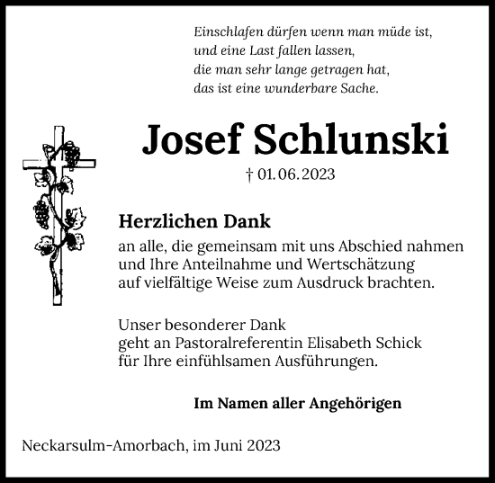 Traueranzeige von Josef Schlunski von GESAMT