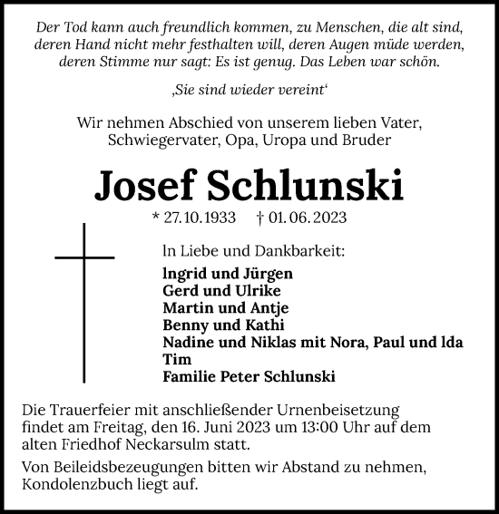 Traueranzeige von Josef Schlunski von GESAMT