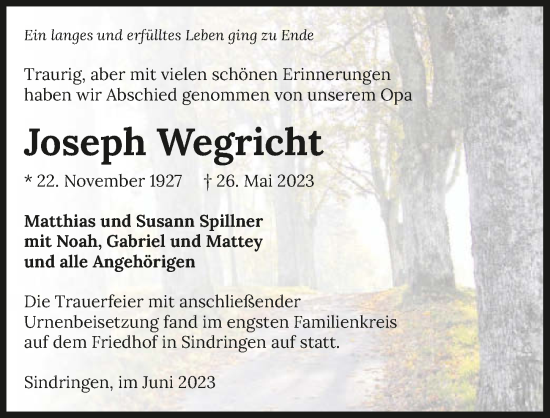 Traueranzeige von Joseph Wegricht von GESAMT